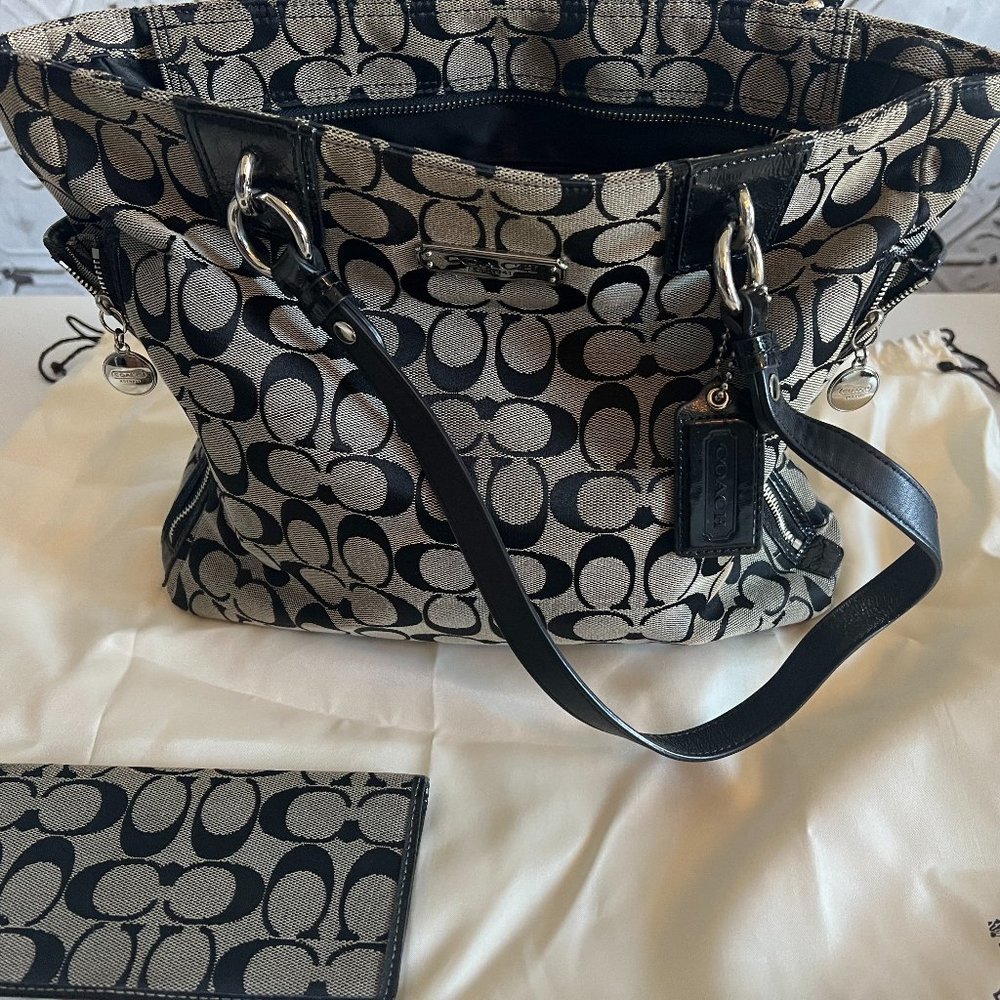 Coach Handbag Black/Gray Monogram PLUS Checkbook Holder & Strap